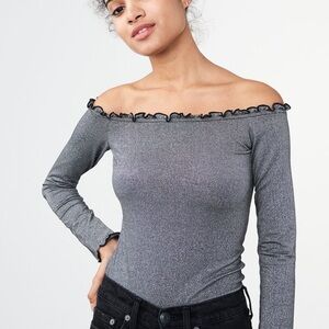 Aeropostale Long Sleeve Sparkle Lettuce-Trim Off-The-Shoulder Top